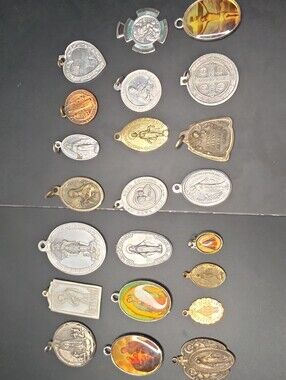 Religious 22 Medal Charms Necklace Pendant Set in Mixed Metal Tones